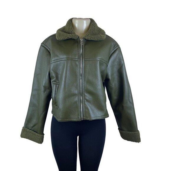 New Look Women's Olive Faux Leather Sherpa-Lined Jacket Warm Size L - New - Picture 1 of 9